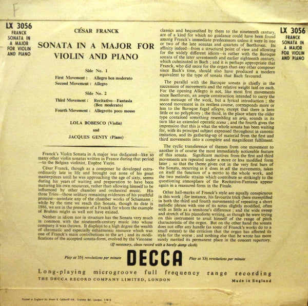 César Franck - Lola Bobesco* and Jacques Genty : Sonata In A Major For Violin And Piano (10", Mono)
