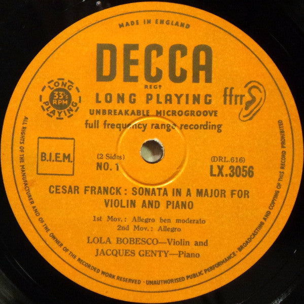 César Franck - Lola Bobesco* and Jacques Genty : Sonata In A Major For Violin And Piano (10", Mono)