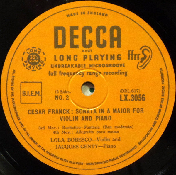 César Franck - Lola Bobesco* and Jacques Genty : Sonata In A Major For Violin And Piano (10", Mono)