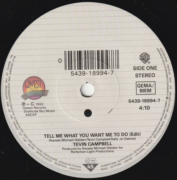 Tevin Campbell : Tell Me What You Want Me To Do (7", Single)