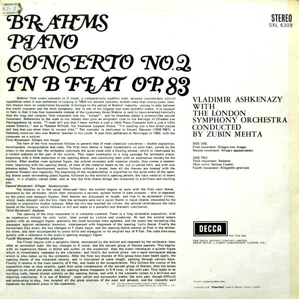 Johannes Brahms, Vladimir Ashkenazy, London Symphony Orchestra, Zubin Mehta : Piano Concerto No. 2 (LP, RE, RP, Nar)