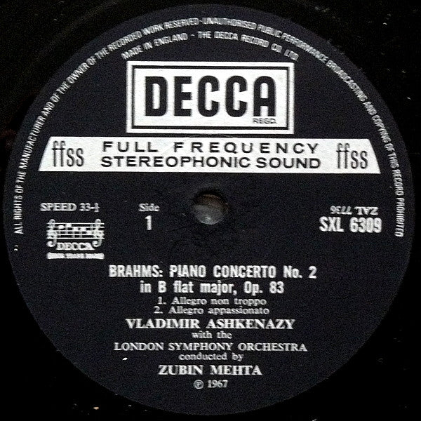Johannes Brahms, Vladimir Ashkenazy, London Symphony Orchestra, Zubin Mehta : Piano Concerto No. 2 (LP, RE, RP, Nar)