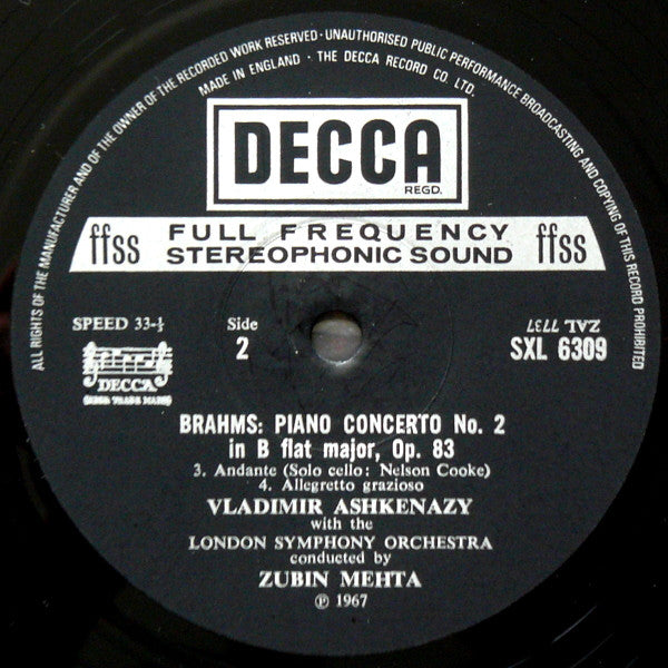 Johannes Brahms, Vladimir Ashkenazy, London Symphony Orchestra, Zubin Mehta : Piano Concerto No. 2 (LP, RE, RP, Nar)