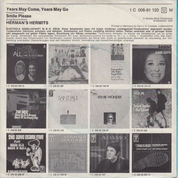 Herman's Hermits : Years May Come, Years May Go / Smile Please (7")