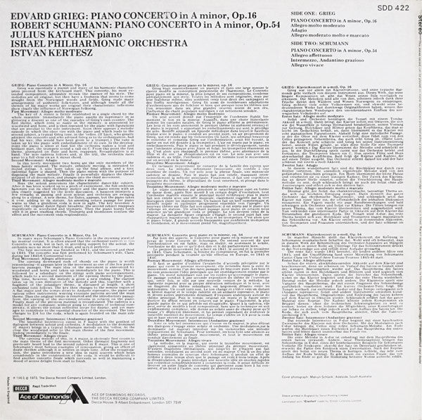 Edvard Grieg & Robert Schumann, Julius Katchen, Israel Philharmonic Orchestra, István Kertész : Piano Concertos (LP, RE)