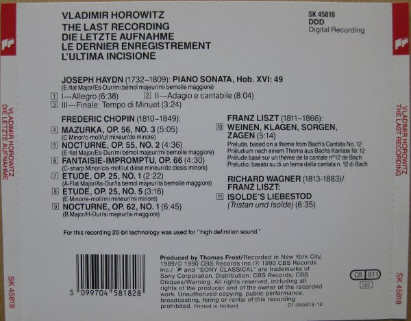 Vladimir Horowitz, Frédéric Chopin · Joseph Haydn · Franz Liszt · Richard Wagner : The Last Recording (CD)