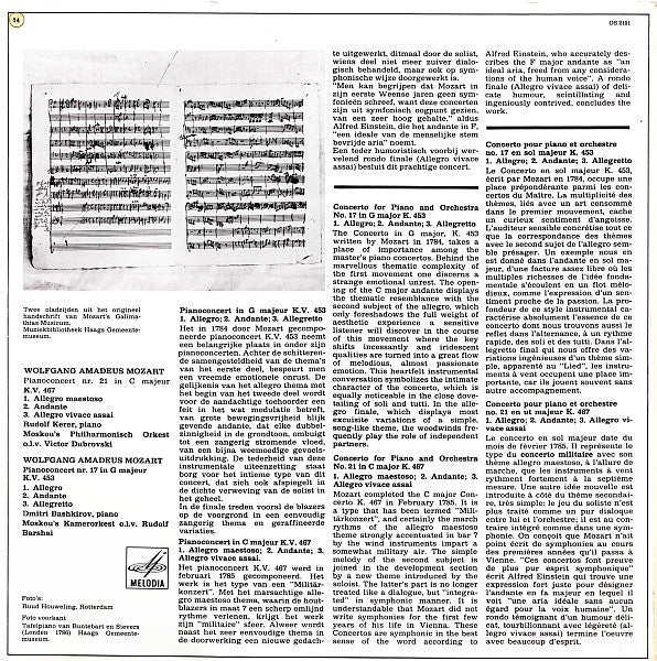 Wolfgang Amadeus Mozart - Dmitri Bashkirov, Rudolf Kerer : Concerto For Piano And Orchestra Nr. 21, KV. 467 / Concerto For Piano And Orchestra Nr. 17, KV. 453 (LP)