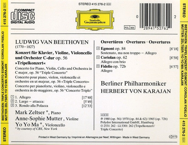Ludwig van Beethoven - Anne-Sophie Mutter, Mark Zeltser, Yo-Yo Ma, Berliner Philharmoniker, Herbert von Karajan : Tripelkonzert = Triple Concerto / Ouvertüren: Egmont • Coriolan • Fidelio (CD, Comp, RE)