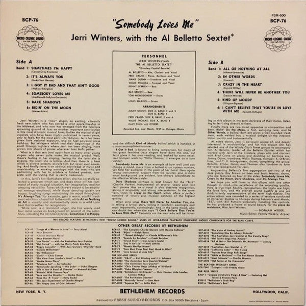 Jerri Winters : Somebody Loves Me (LP, Album, Mono, RE)