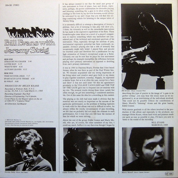 Bill Evans & Jeremy Steig : What's New (LP, Album, RE, RP)