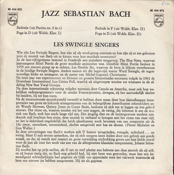 Les Swingle Singers : Jazz Sebastian Bach (7", EP, Mono)