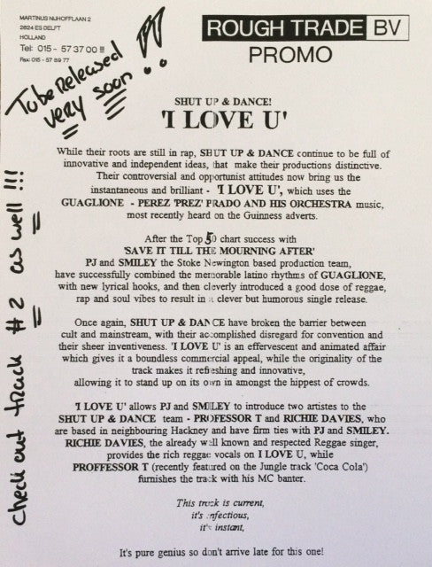 Shut Up & Dance Featuring Richie Davis And Professor T : I Love U (12", Promo)