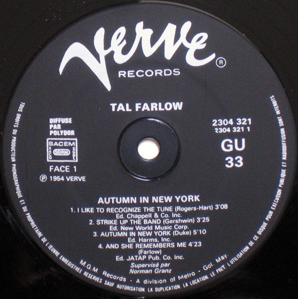 Tal Farlow : Autumn In New York (LP, Album, RP)