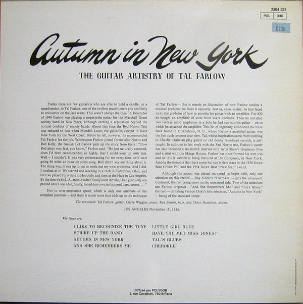 Tal Farlow : Autumn In New York (LP, Album, RP)