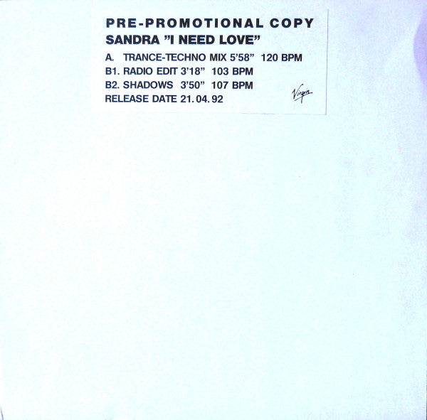 Sandra : I Need Love (12", Promo, W/Lbl)