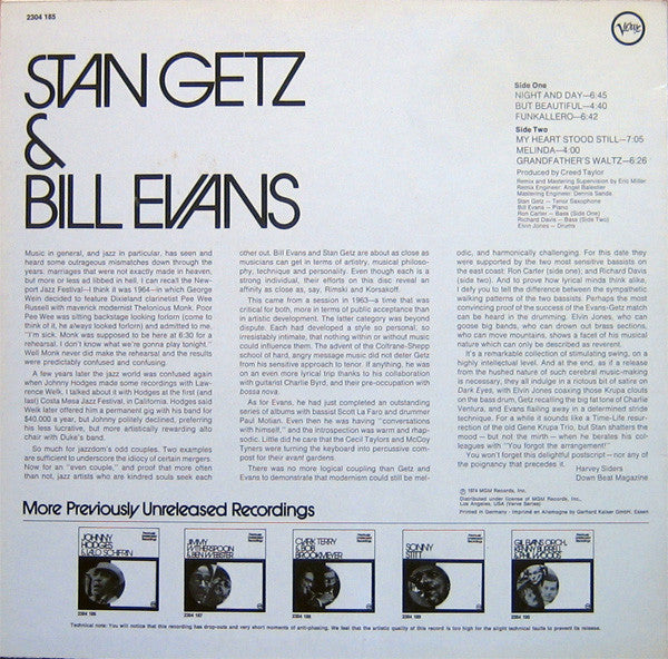 Stan Getz & Bill Evans : Previously Unreleased Recordings (LP, Album, Mono, Lam)