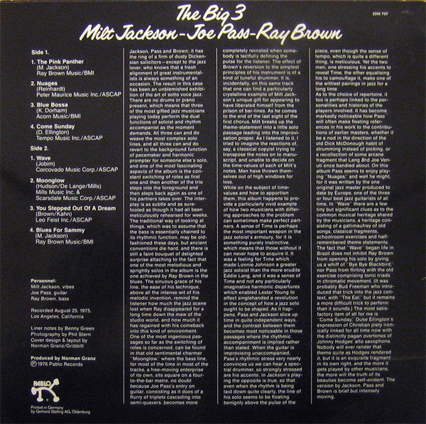 Milt Jackson - Joe Pass - Ray Brown : The Big 3 (LP, Album)