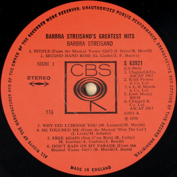 Barbra Streisand : Barbra Streisand's Greatest Hits (LP, Comp, Ora)