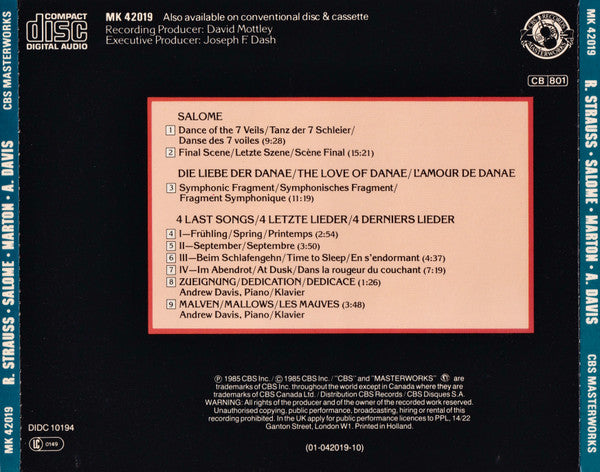 Richard Strauss / Éva Marton, Toronto Symphony Orchestra, Andrew Davis : Salome (Highlights/Höhepunkte/Extraits), Four Last Songs = Vier Letze Lieder = Quatre Derniers Lieder, Malven (Premiere Recording / Erstaufnahme / Premier Enregistrement) (CD)