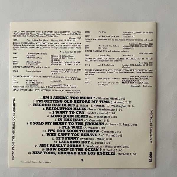 Dinah Washington : The Complete Dinah Washington Vol.4 1947 - 1949 (CD, Comp, Mono)