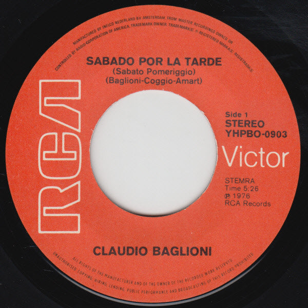 Claudio Baglioni : Sabado Por La Tarde (7", Single)