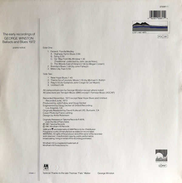 George Winston : Ballads And Blues 1972 (LP, Album, RE)
