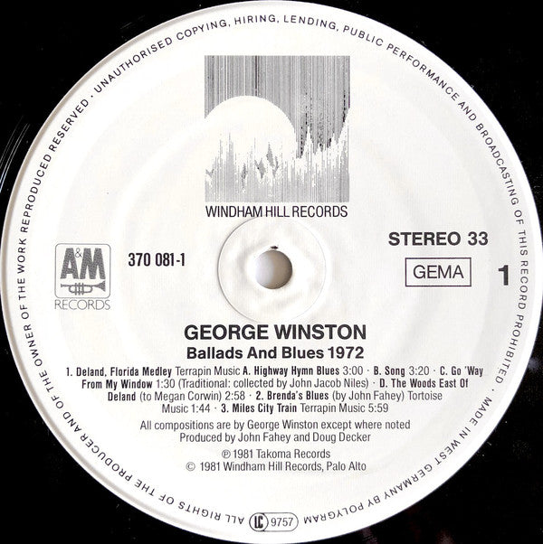 George Winston : Ballads And Blues 1972 (LP, Album, RE)