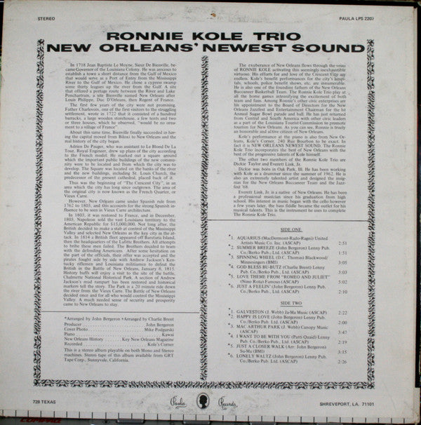 Ronnie Kole Trio : New Orleans' Newest Sound (LP, Album)
