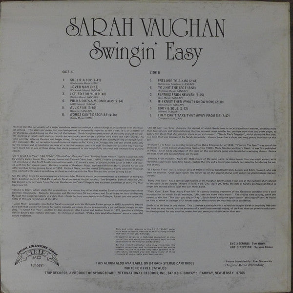 Sarah Vaughan : Swingin' Easy (LP, Album, RE)