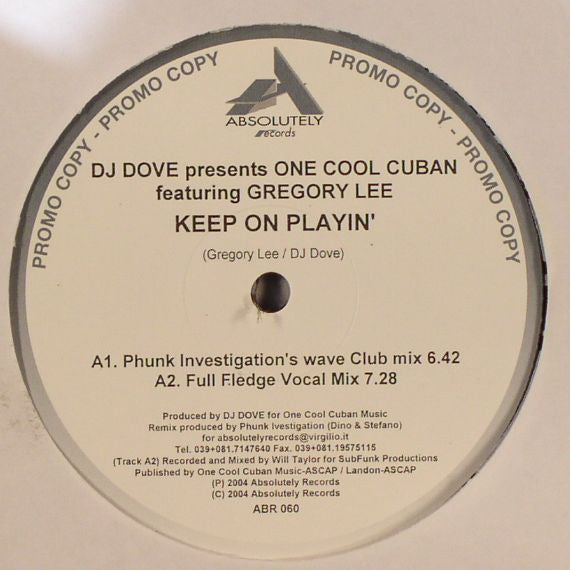 DJ Dove Presents One Cool Cuban Featuring Gregory Lee : Keep On Playin' (12", Promo)