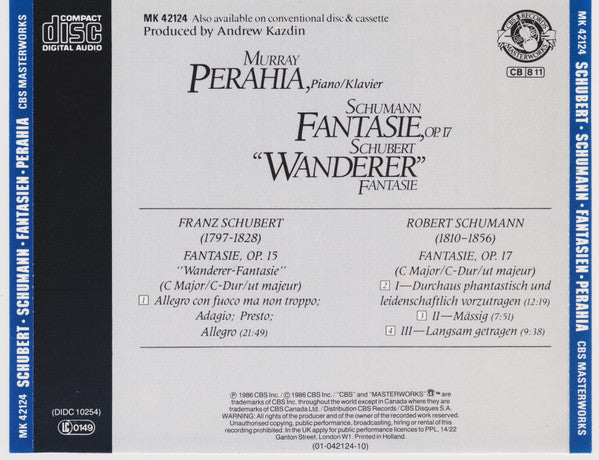 Murray Perahia, Robert Schumann / Franz Schubert : Fantasie, Op.17 / "Wanderer" Fantasie (CD, RP)