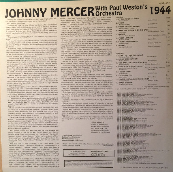 Johnny Mercer With Paul Weston And His Orchestra : The Uncollected Johnny Mercer, 1944 (LP, Album, Mono)