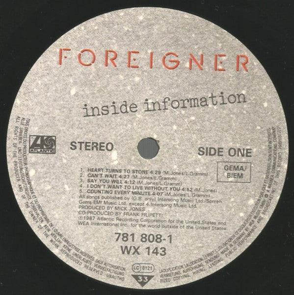 Foreigner : Inside Information (LP, Album, Gat)