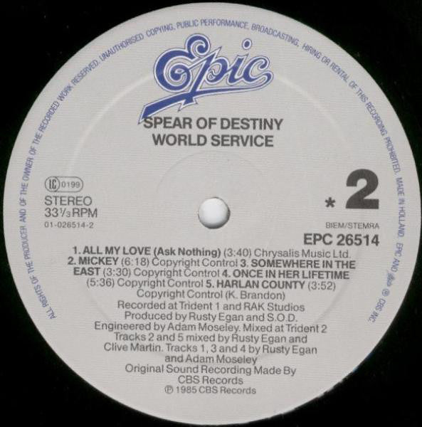 Spear Of Destiny : World Service (LP, Album)