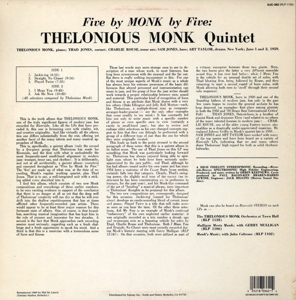The Thelonious Monk Quintet : 5 By Monk By 5 (LP, Album, RE, RM)