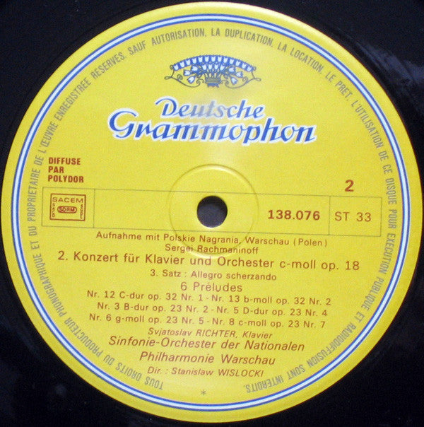 Sergei Vasilyevich Rachmaninoff, Sviatoslav Richter, Stanislaw Wislocki, Orkiestra Symfoniczna Filharmonii Narodowej : Concerto N° 2 Pour Piano Et Orchestre - Six Préludes (LP, RE)