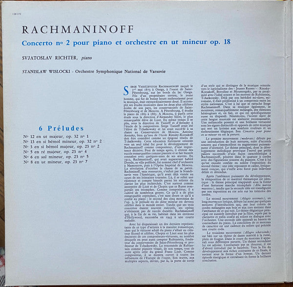 Sergei Vasilyevich Rachmaninoff, Sviatoslav Richter, Stanislaw Wislocki, Orkiestra Symfoniczna Filharmonii Narodowej : Concerto N° 2 Pour Piano Et Orchestre - Six Préludes (LP, RE)