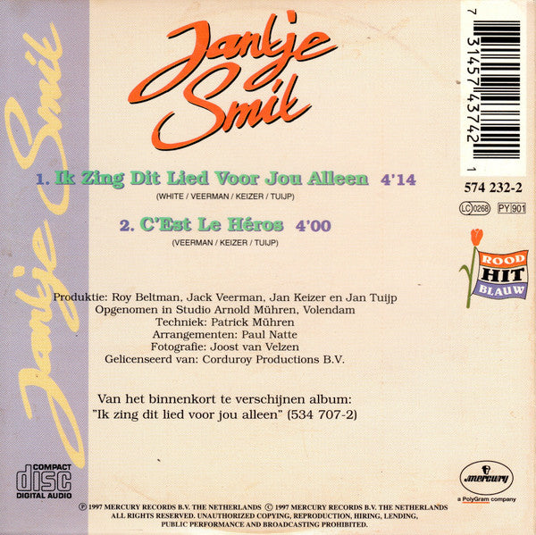 Jan Smit : Ik Zing Dit Lied Voor Jou Alleen (CD, Single)
