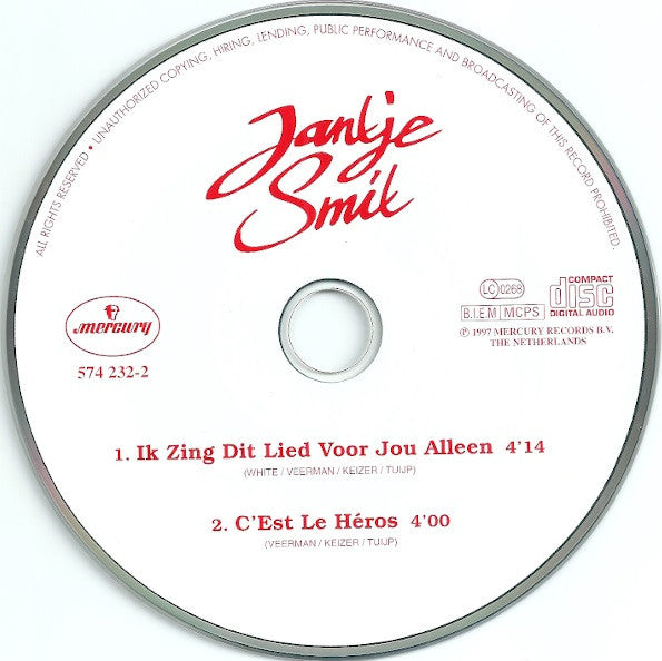 Jan Smit : Ik Zing Dit Lied Voor Jou Alleen (CD, Single)