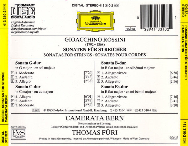 Gioacchino Rossini, Camerata Bern : Sonaten Für Streicher = Sonatas For Strings = Sonates Pour Cordes (CD, Album)