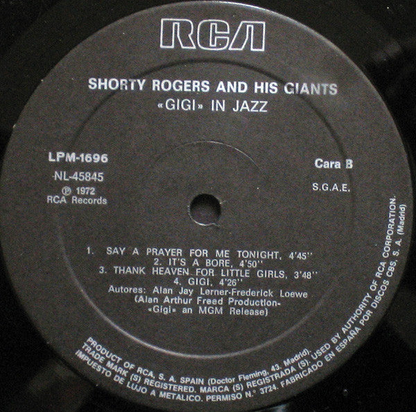 Shorty Rogers And His Giants : "Gigi" In Jazz (LP, Album, RE)