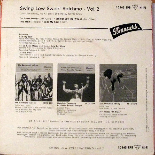 Louis Armstrong And His All-Stars And The Sy Oliver Choir : Swing Low Sweet Satchmo, Vol. 2 (7", EP)