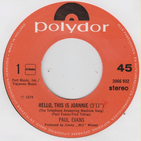 Paul Evans : Hello This Is Joannie (The Telephone Answering Machine Song) (7", Single)