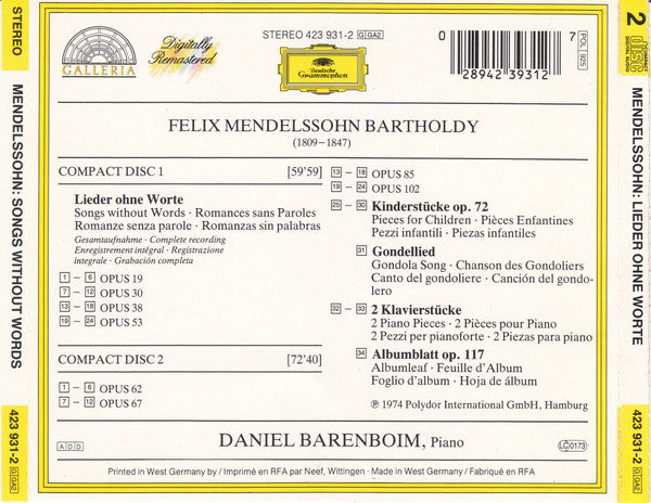 Felix Mendelssohn-Bartholdy, Daniel Barenboim : Lieder Ohne Worte. Gesamtaufnahme (2xCD, Album, RE, RM)