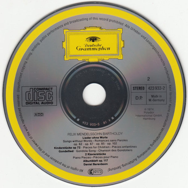 Felix Mendelssohn-Bartholdy, Daniel Barenboim : Lieder Ohne Worte. Gesamtaufnahme (2xCD, Album, RE, RM)