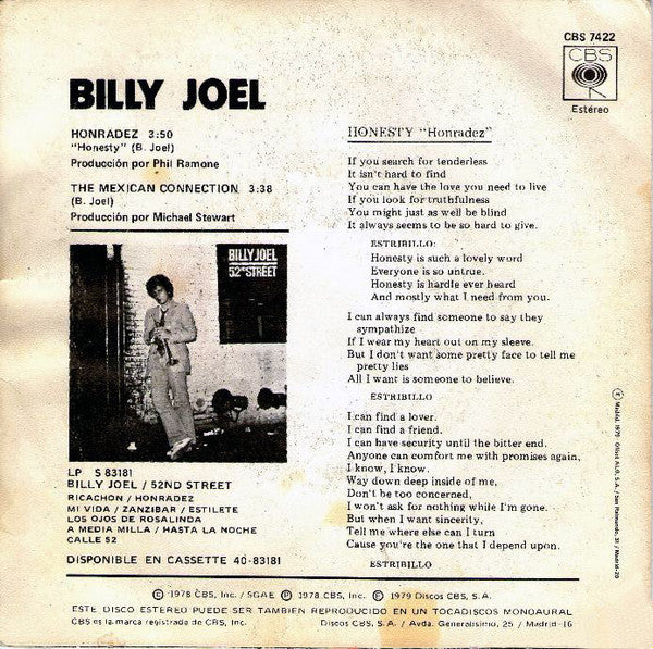 Billy Joel : Honradez (7")