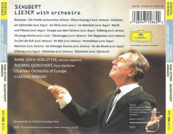 Franz Schubert - Anne Sofie Von Otter, Thomas Quasthoff, The Chamber Orchestra Of Europe, Claudio Abbado : Lieder With Orchestra (CD, Album)