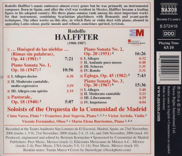 Rodolfo Halffter, María Elena Barrientos, Orquesta De La Comunidad De Madrid : Chamber Music • 1: ... Huésped De Las Nieblas ... • Piano Sonatas Nos. 1-3 • Pastorale • Égloga (CD, Album)