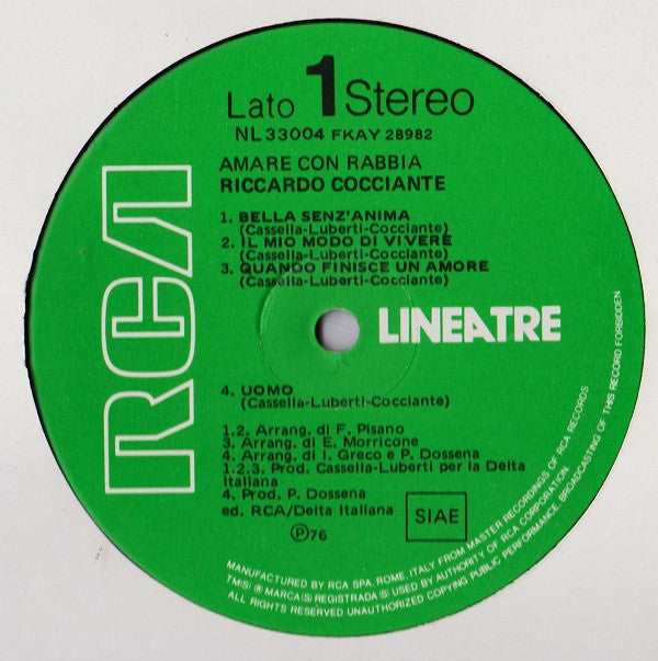 Riccardo Cocciante : Amare Con Rabbia (LP, Comp)