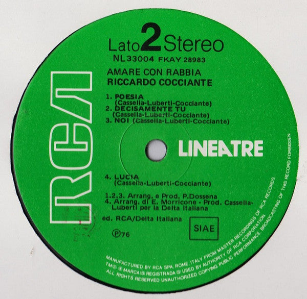 Riccardo Cocciante : Amare Con Rabbia (LP, Comp)
